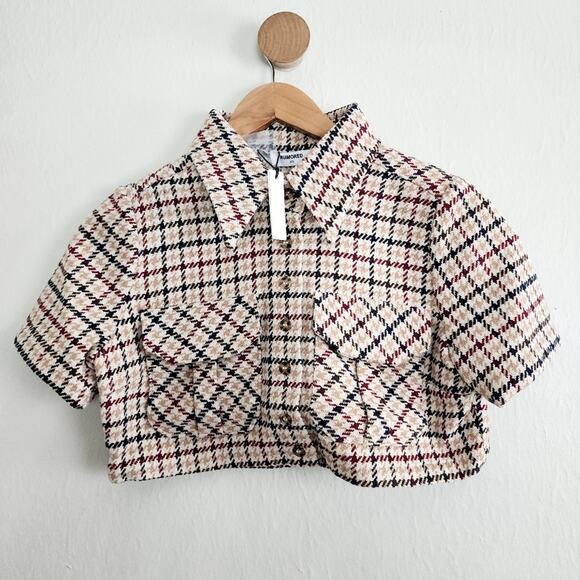 Rumored Tops - Rumored Coco Plaid Tweed Crop Top Revolve Cream Newberry Button Up XS NWT